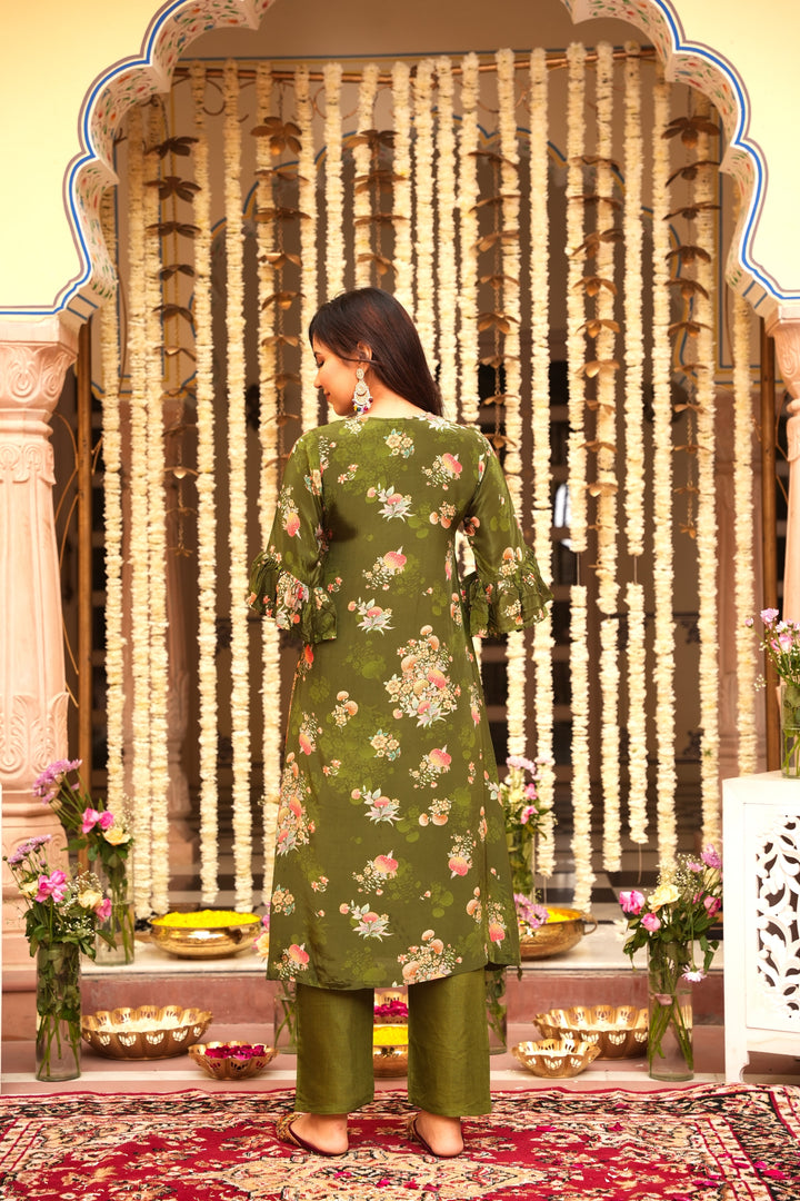 WOMEN'S FLORAL PRINTED - DABKA, PEARL & CUTDANA EMBROIDERED - STRAIGHT KURTA, PANT SET OF 2 - MEHENDI GREEN