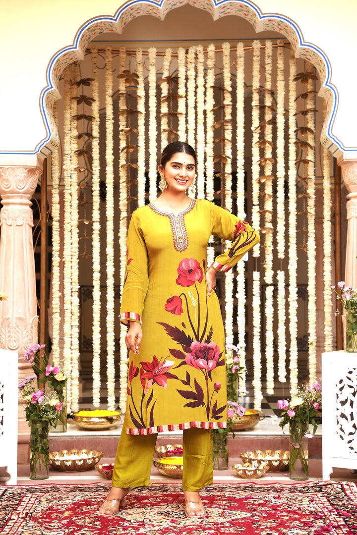 WOMEN'S FLORAL PRINTED - DABKA, SEQUIN & CUTDANA EMBROIDERED - STRAIGHT KURTA, PANT SET OF 2 - OLIVE GREEN