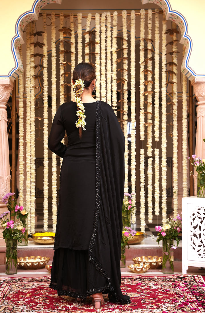 BLACK SHARARA SET - PAIRED WITH DUPATTA FOR WOMEN - EMBROIDERED WITH RESHAM & HANDWORK -SET OF 3