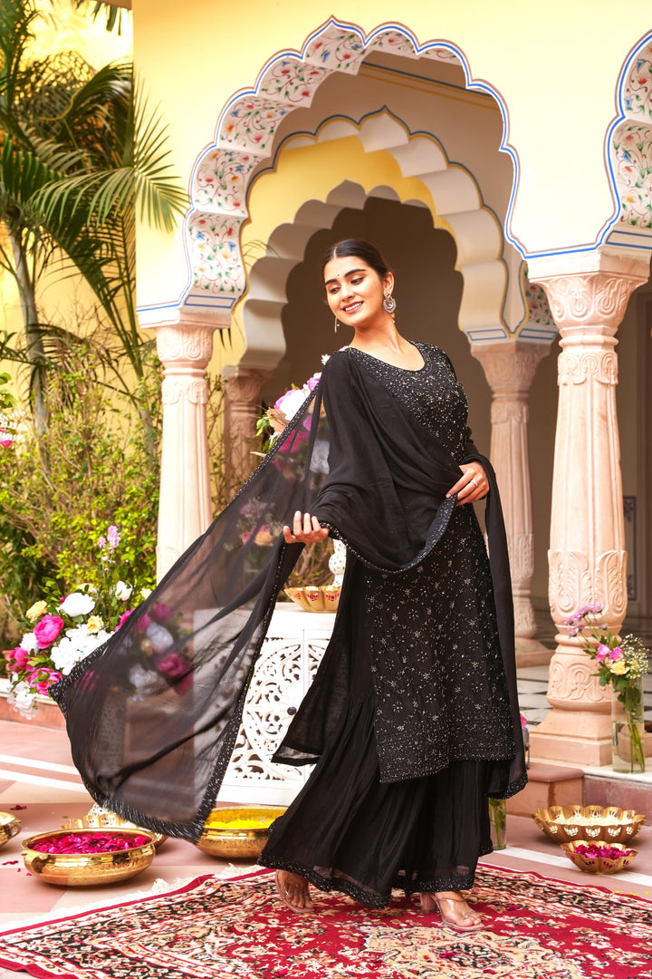 BLACK SHARARA SET - PAIRED WITH DUPATTA FOR WOMEN - EMBROIDERED WITH RESHAM & HANDWORK -SET OF 3