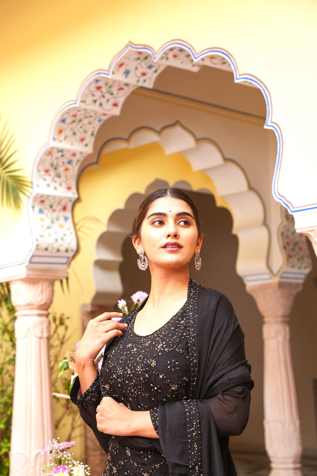 BLACK SHARARA SET - PAIRED WITH DUPATTA FOR WOMEN - EMBROIDERED WITH RESHAM & HANDWORK -SET OF 3