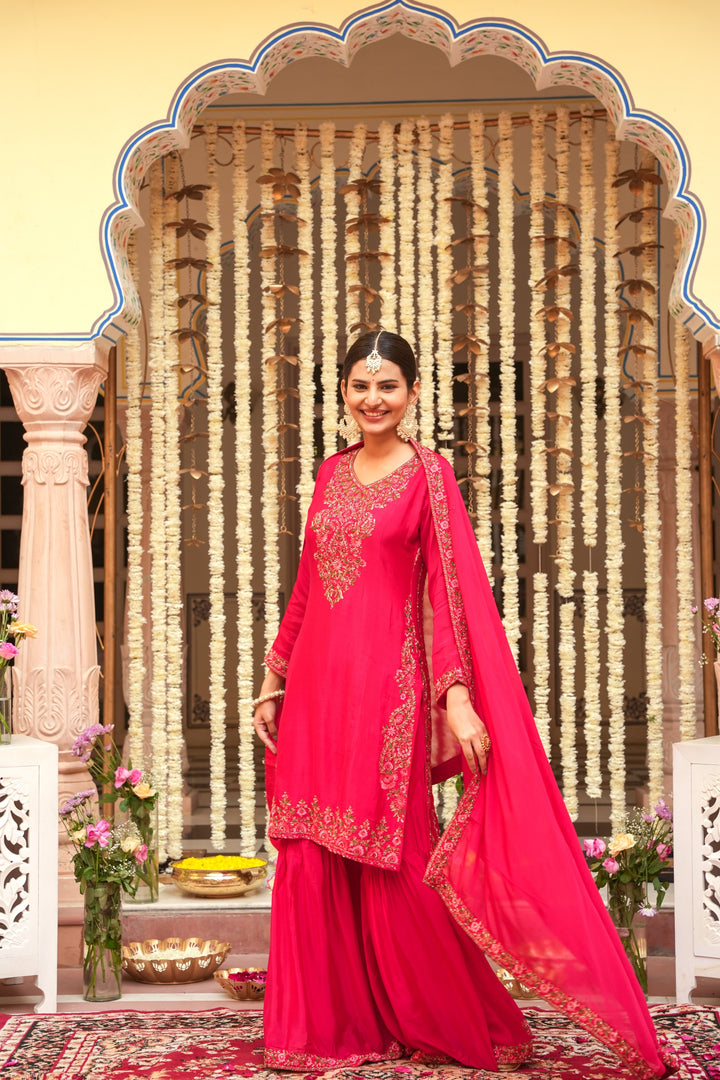 PINK SHARARA SET FOR WOMEN - PAIRED WITH DUPATTA - EMBROIDERED WITH RESHAM & HANDWORK - SET OF 3