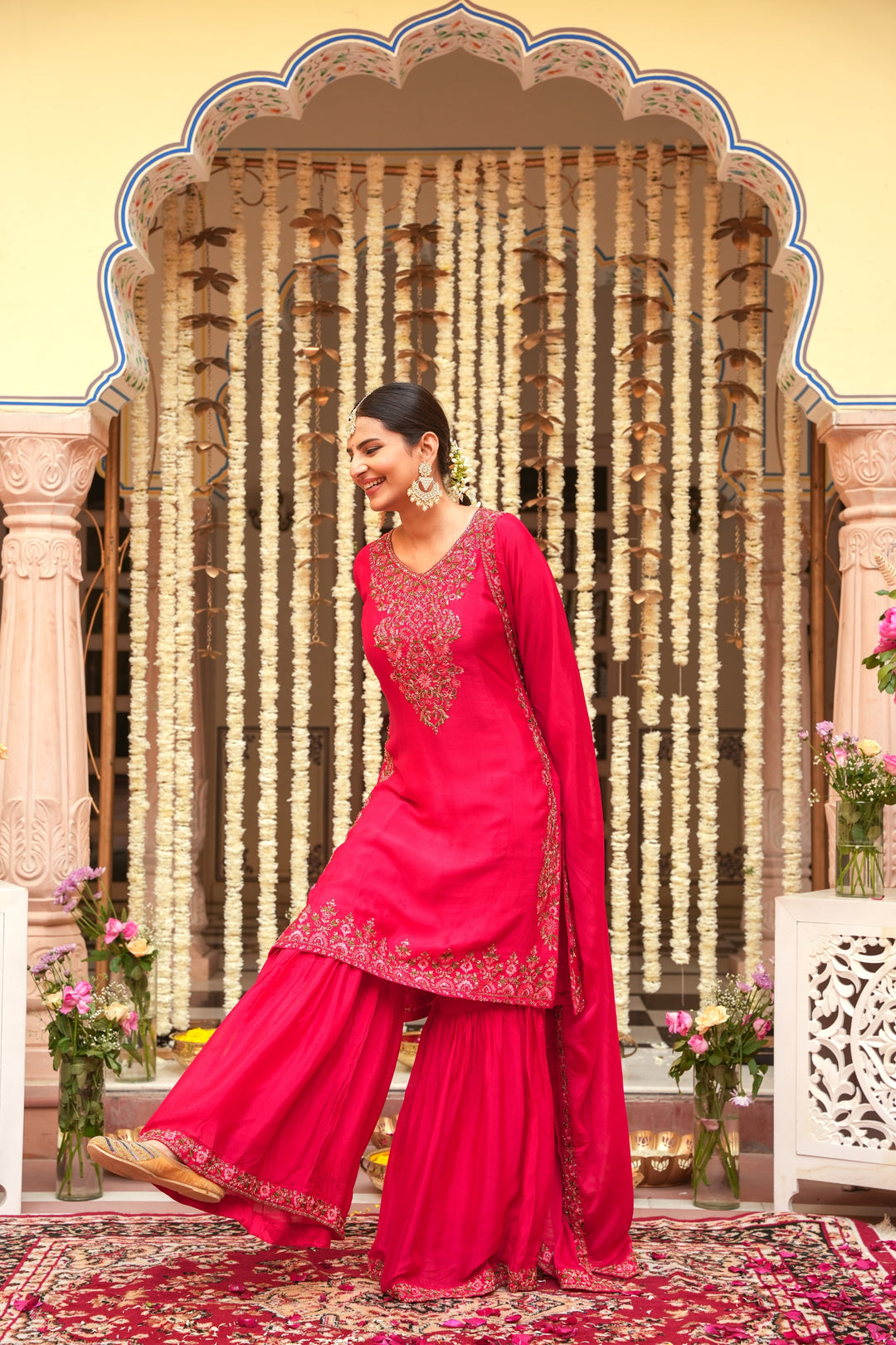 PINK SHARARA SET FOR WOMEN - PAIRED WITH DUPATTA - EMBROIDERED WITH RESHAM & HANDWORK - SET OF 3