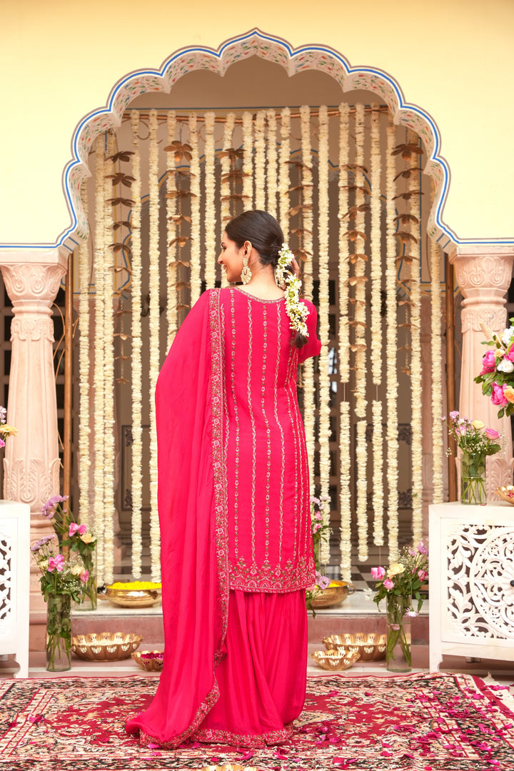 PINK SHARARA SET FOR WOMEN - PAIRED WITH DUPATTA - EMBROIDERED WITH RESHAM & HANDWORK - SET OF 3