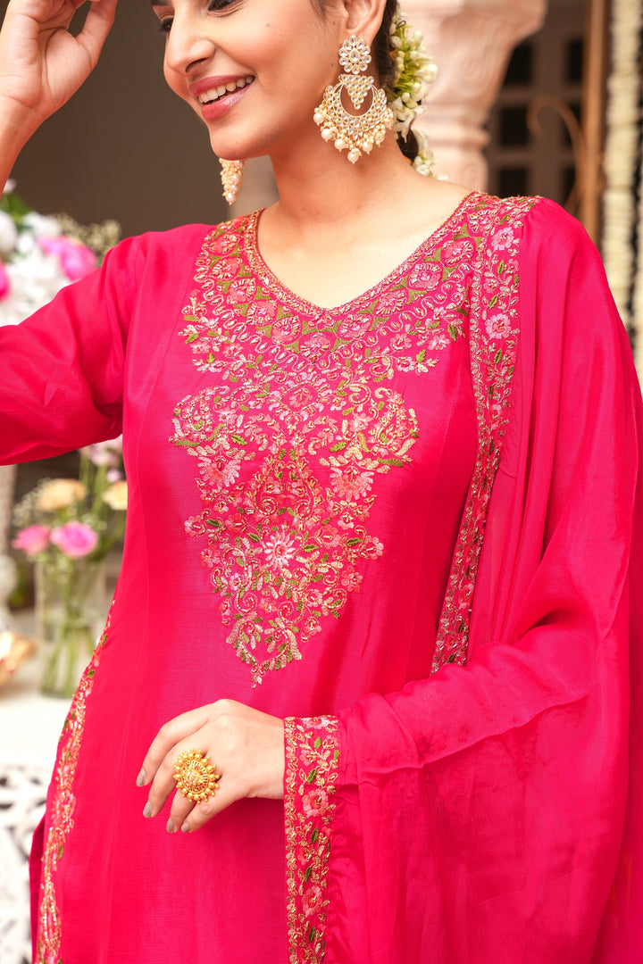 PINK SHARARA SET FOR WOMEN - PAIRED WITH DUPATTA - EMBROIDERED WITH RESHAM & HANDWORK - SET OF 3