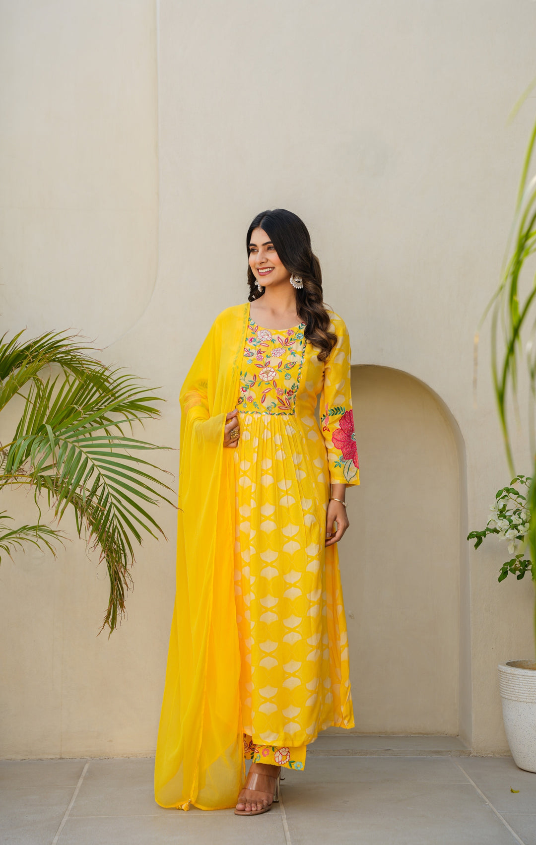 PRINTED MUSLIN KURTA & PANT PAIRED WITH A DUPATTA - HAND EMBROIDERED - SET OF 3 - YELLOW