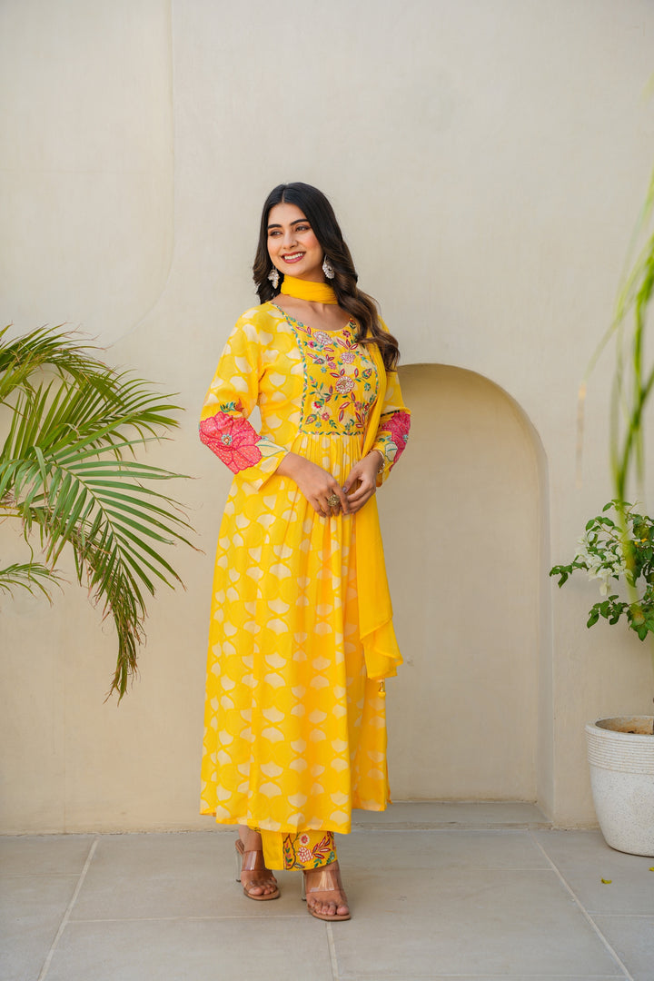 PRINTED MUSLIN KURTA & PANT PAIRED WITH A DUPATTA - HAND EMBROIDERED - SET OF 3 - YELLOW