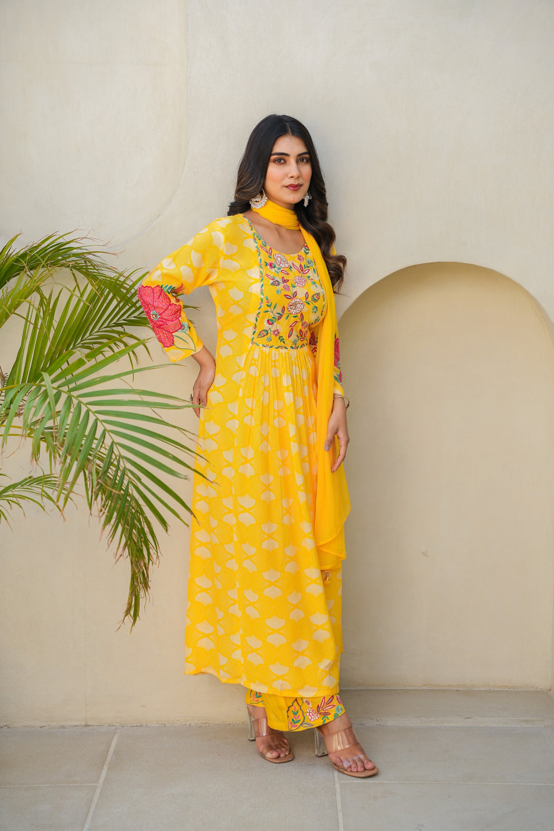 PRINTED MUSLIN KURTA & PANT PAIRED WITH A DUPATTA - HAND EMBROIDERED - SET OF 3 - YELLOW