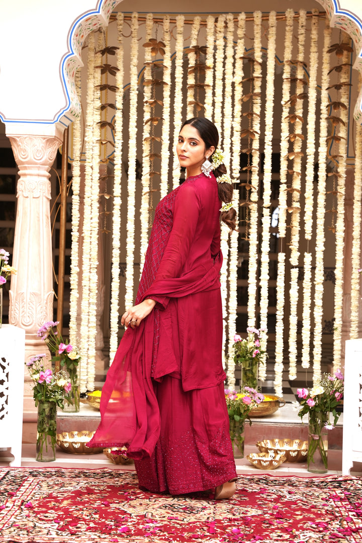 MAROON SHORT KALIDAR FOR WOMEN- PAIRED WITH LEHENGA & DUPATTA - EMBROIDERED WITH RESHAM & HANDWORK - SET OF 3