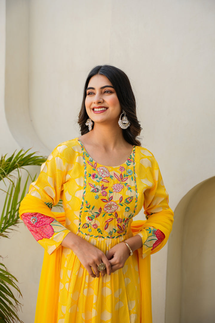 PRINTED MUSLIN KURTA & PANT PAIRED WITH A DUPATTA - HAND EMBROIDERED - SET OF 3 - YELLOW