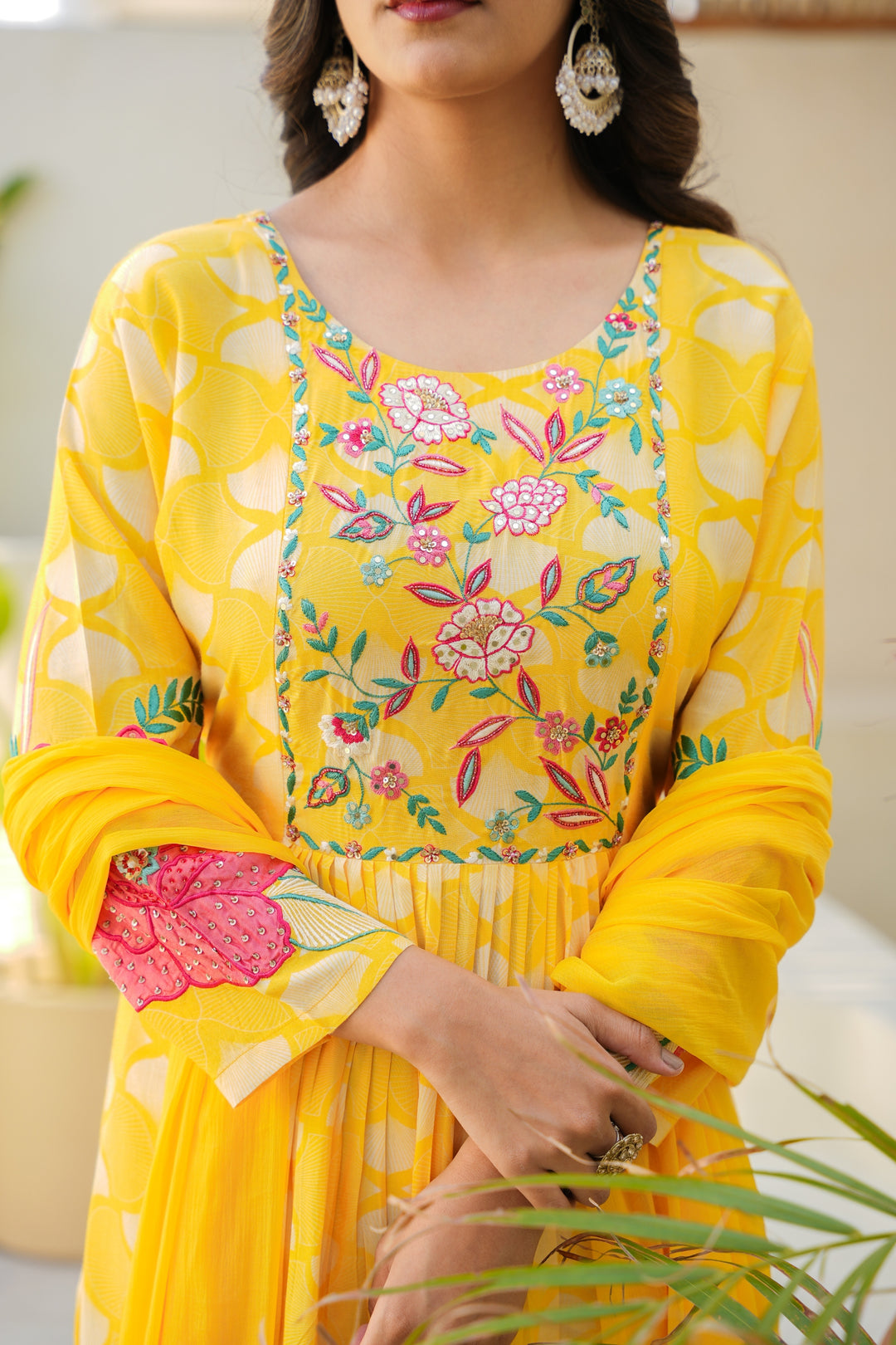 PRINTED MUSLIN KURTA & PANT PAIRED WITH A DUPATTA - HAND EMBROIDERED - SET OF 3 - YELLOW