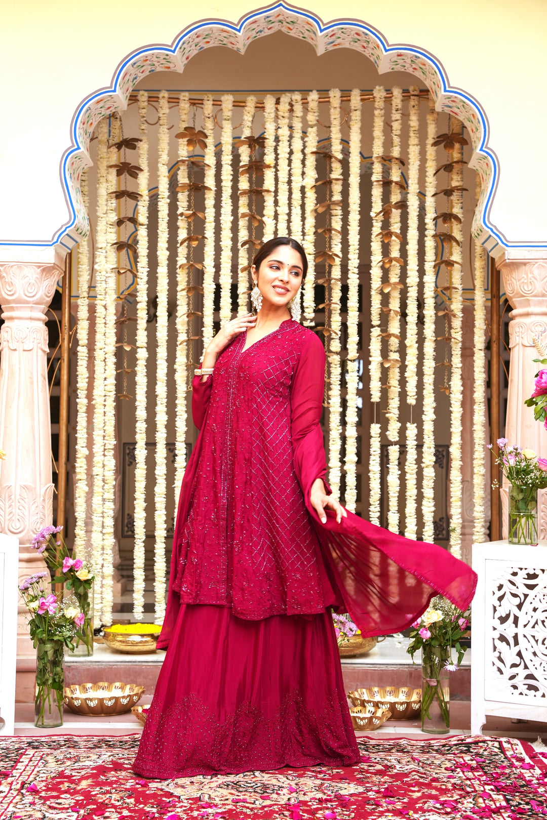 MAROON SHORT KALIDAR FOR WOMEN- PAIRED WITH LEHENGA & DUPATTA - EMBROIDERED WITH RESHAM & HANDWORK - SET OF 3