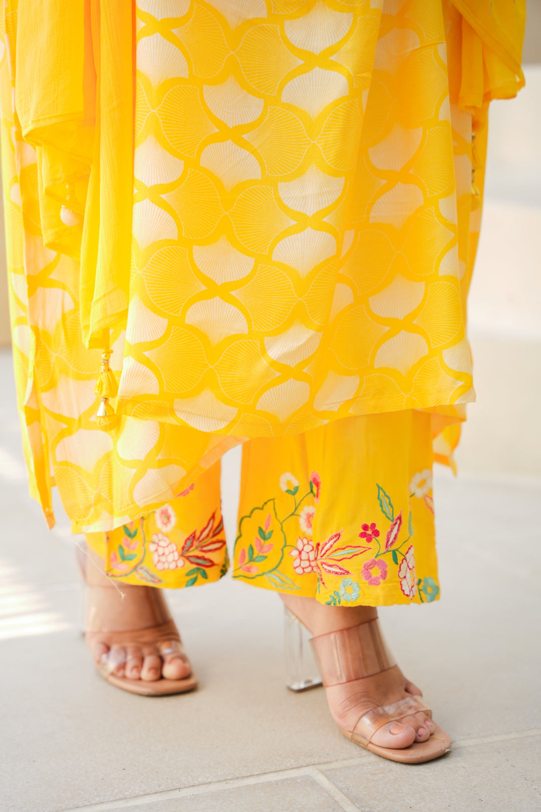 PRINTED MUSLIN KURTA & PANT PAIRED WITH A DUPATTA - HAND EMBROIDERED - SET OF 3 - YELLOW