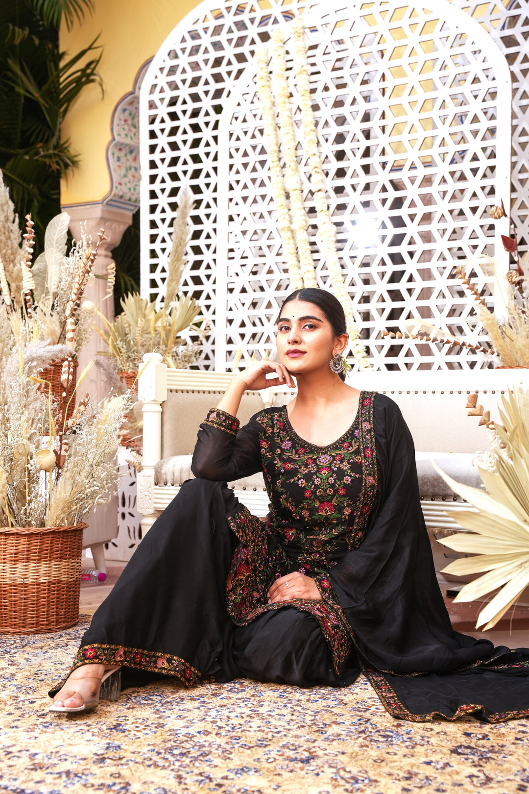 BLACK SHARARA SET FOR WOMEN- PAIRED WITH DUPATTA - EMBROIDERED WITH RESHAM, ZARI & CUTDANA HANDWORK - SET OF 3