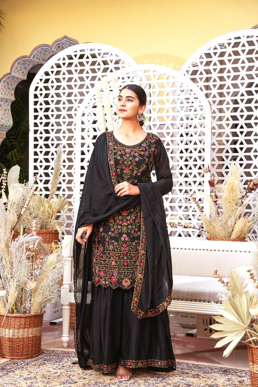 BLACK SHARARA SET FOR WOMEN- PAIRED WITH DUPATTA - EMBROIDERED WITH RESHAM, ZARI & CUTDANA HANDWORK - SET OF 3