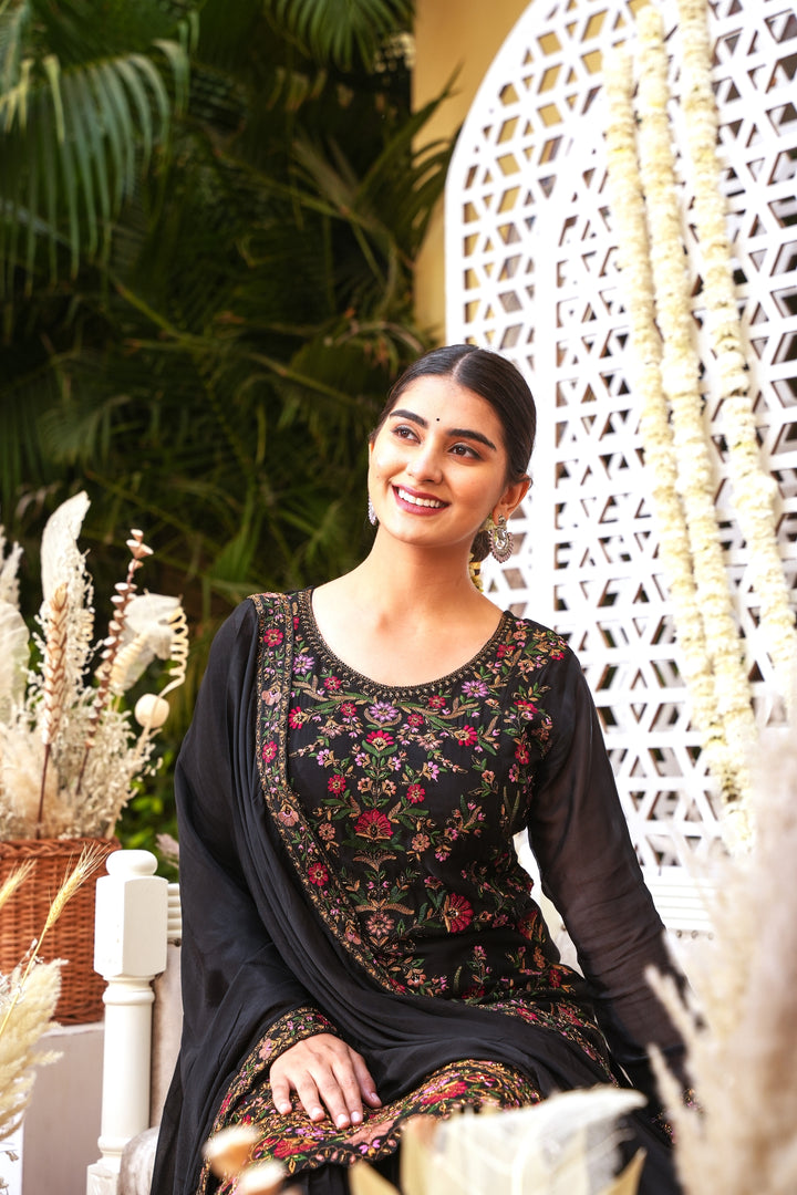 BLACK SHARARA SET FOR WOMEN- PAIRED WITH DUPATTA - EMBROIDERED WITH RESHAM, ZARI & CUTDANA HANDWORK - SET OF 3