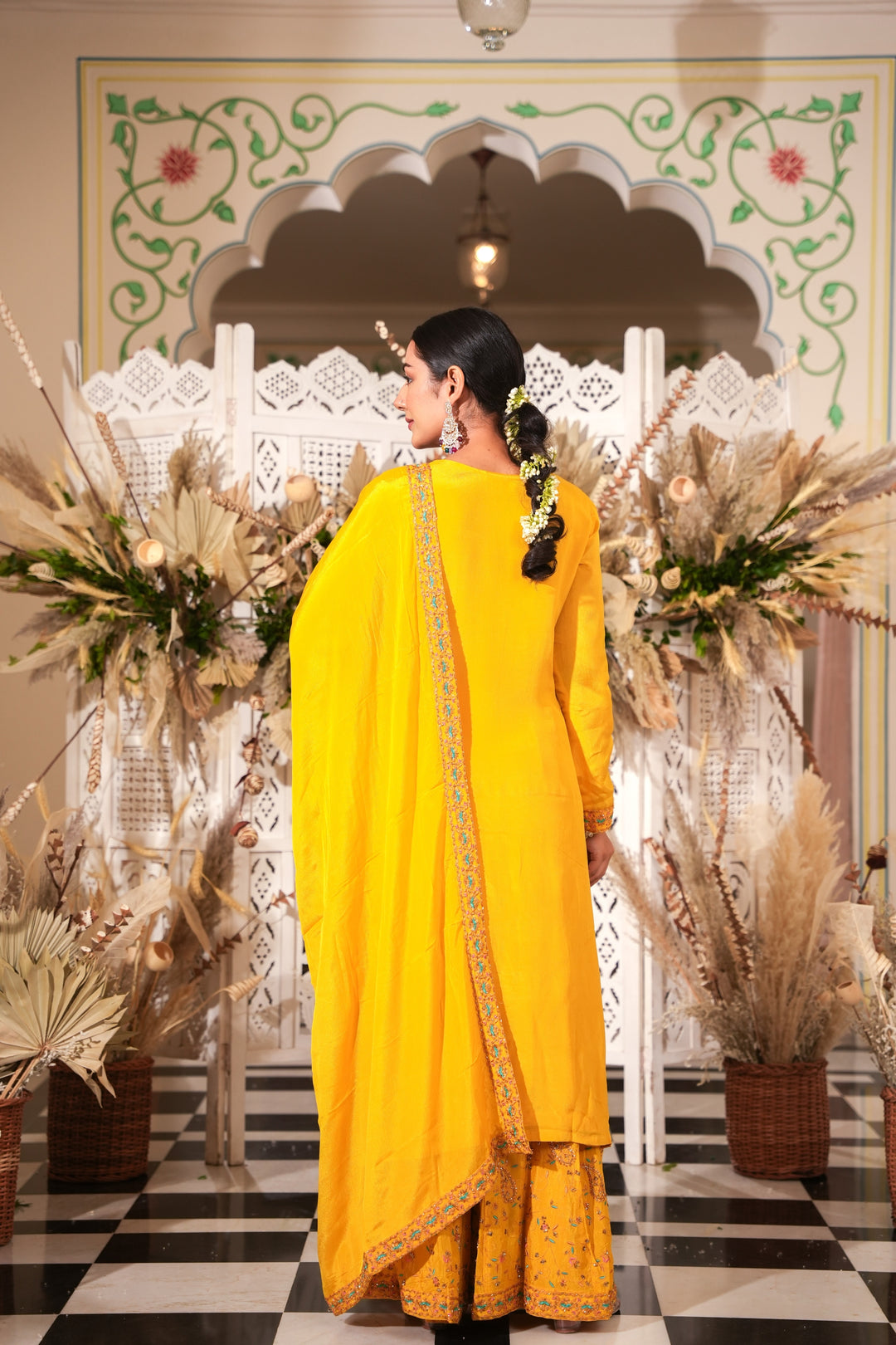 YELLOW SHARARA SET FOR WOMEN- PAIRED WITH DUPATTA - EMBROIDERED WITH RESHAM & HANDWORK - SET OF 3