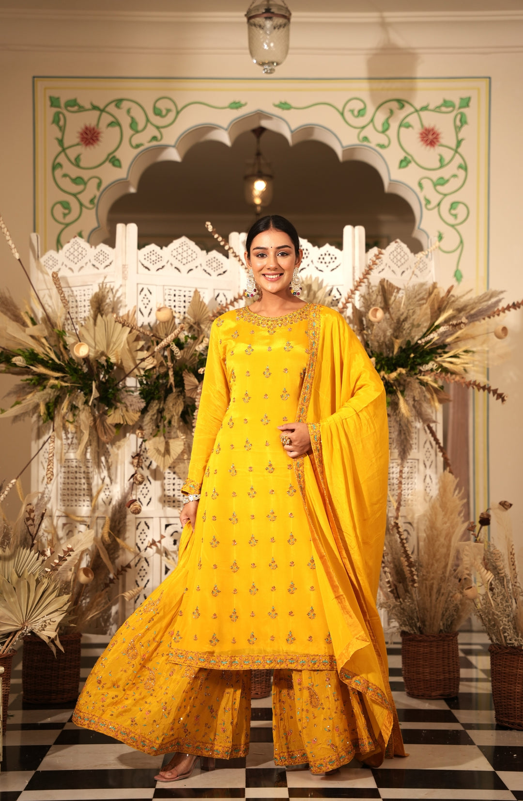 YELLOW SHARARA SET FOR WOMEN- PAIRED WITH DUPATTA - EMBROIDERED WITH RESHAM & HANDWORK - SET OF 3