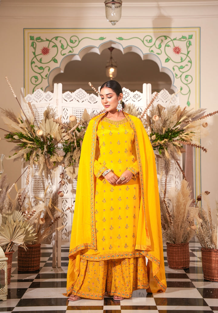 YELLOW SHARARA SET FOR WOMEN- PAIRED WITH DUPATTA - EMBROIDERED WITH RESHAM & HANDWORK - SET OF 3