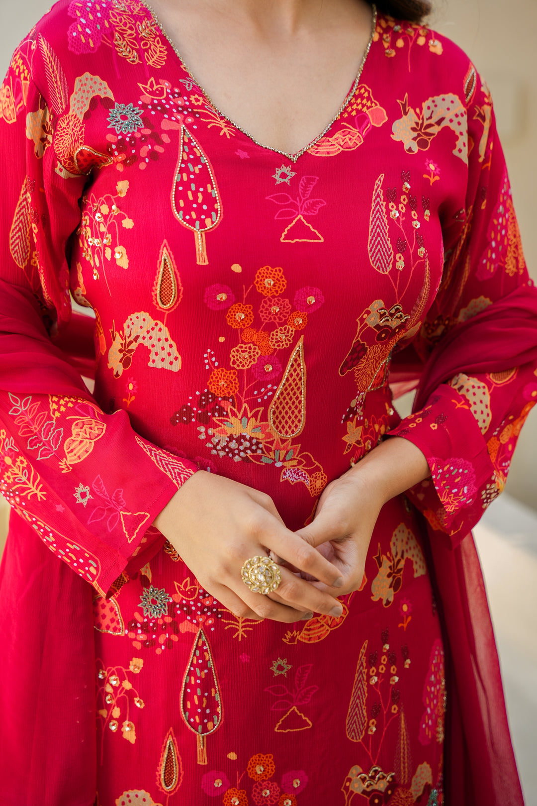 FLORAL PRINTED KURTA & PANT PAIRED WITH A DUPATTA - HAND EMBROIDERED - SET OF 3 - REDDISH MAROON