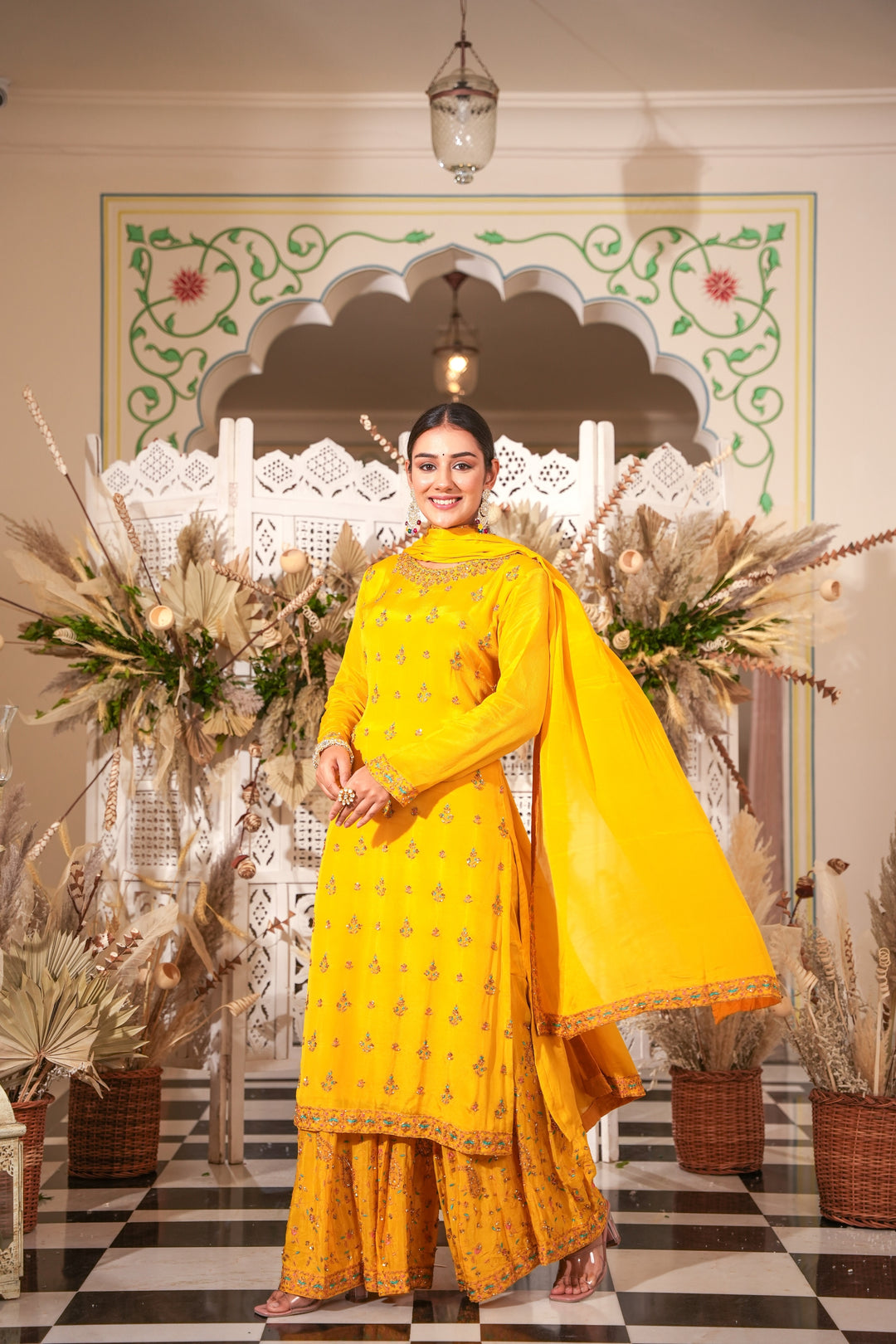 YELLOW SHARARA SET FOR WOMEN- PAIRED WITH DUPATTA - EMBROIDERED WITH RESHAM & HANDWORK - SET OF 3