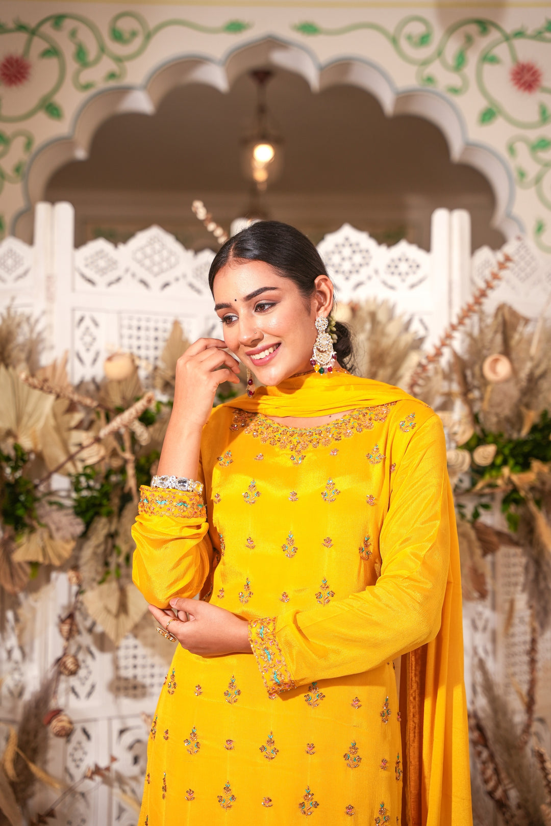 YELLOW SHARARA SET FOR WOMEN- PAIRED WITH DUPATTA - EMBROIDERED WITH RESHAM & HANDWORK - SET OF 3