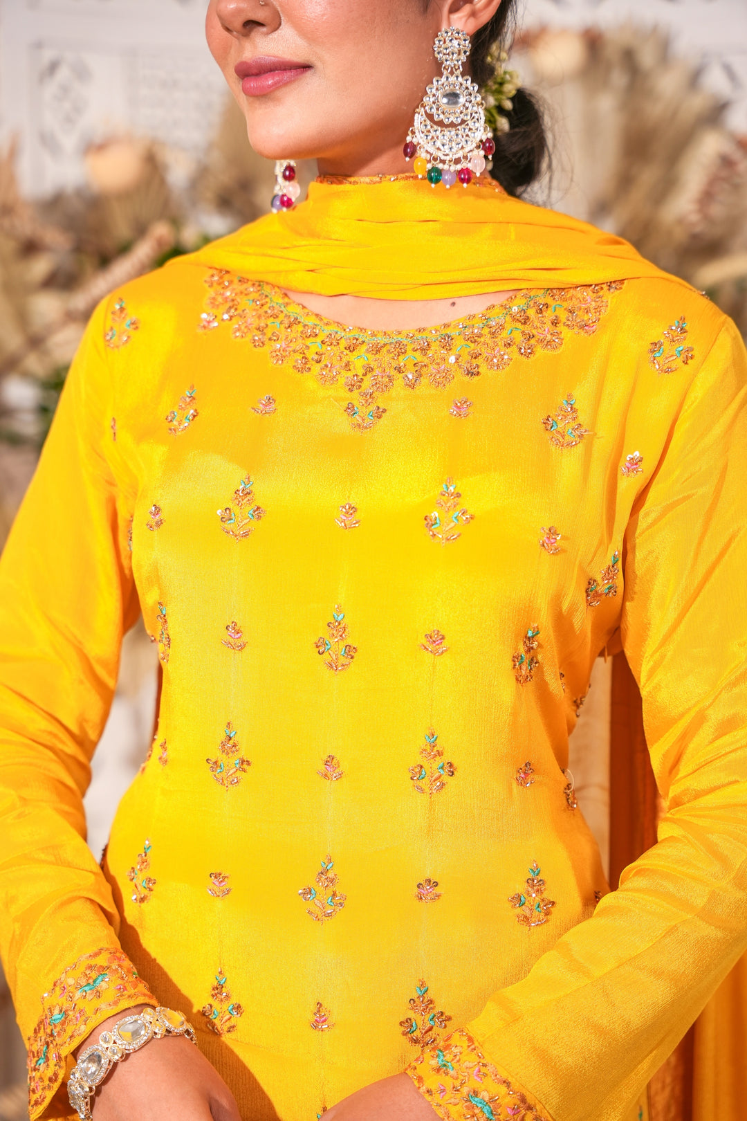 YELLOW SHARARA SET FOR WOMEN- PAIRED WITH DUPATTA - EMBROIDERED WITH RESHAM & HANDWORK - SET OF 3