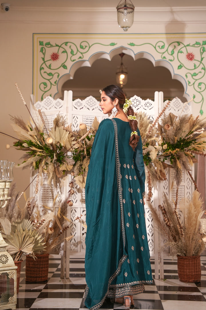 GREEN INDO-WESTERN FRONT SLIT GOWN FOR WOMEN- PAIRED WITH LEHENGA & DUPATTA - EMBROIDERED WITH RESHAM & HANDWORK - SET OF 3