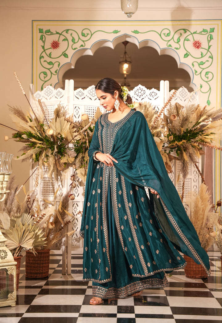 GREEN INDO-WESTERN FRONT SLIT GOWN FOR WOMEN- PAIRED WITH LEHENGA & DUPATTA - EMBROIDERED WITH RESHAM & HANDWORK - SET OF 3