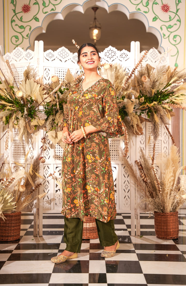 WOMEN'S FLORAL PRINTED - DABKA, PEARL & CUTDANA EMBROIDERED - STRAIGHT KURTA, PANT SET OF 2 - MEHENDI GREEN