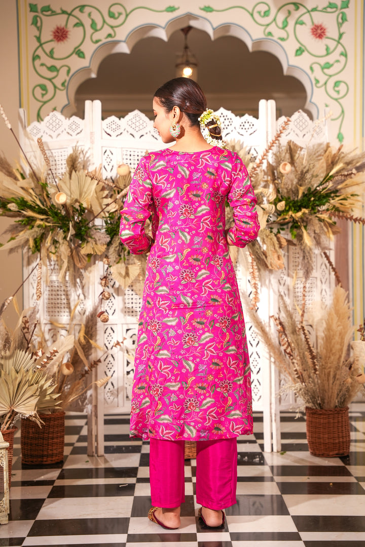 WOMEN'S FLORAL PRINTED - DABKA, SEQUIN & CUTDANA EMBROIDERED - STRAIGHT KURTA, PANT SET OF 2 - RANI PINK