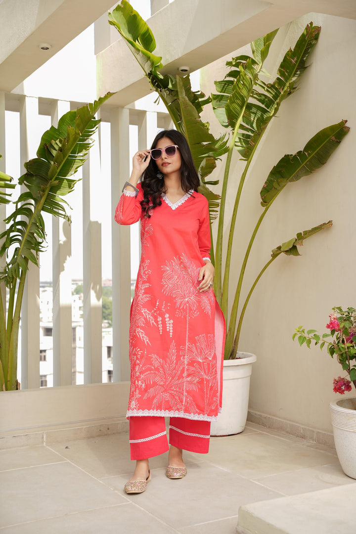 FLORAL PRINTED COTTON KURTA & PANT - HAND EMBROIDERED - SET OF 2 - CARROT RED