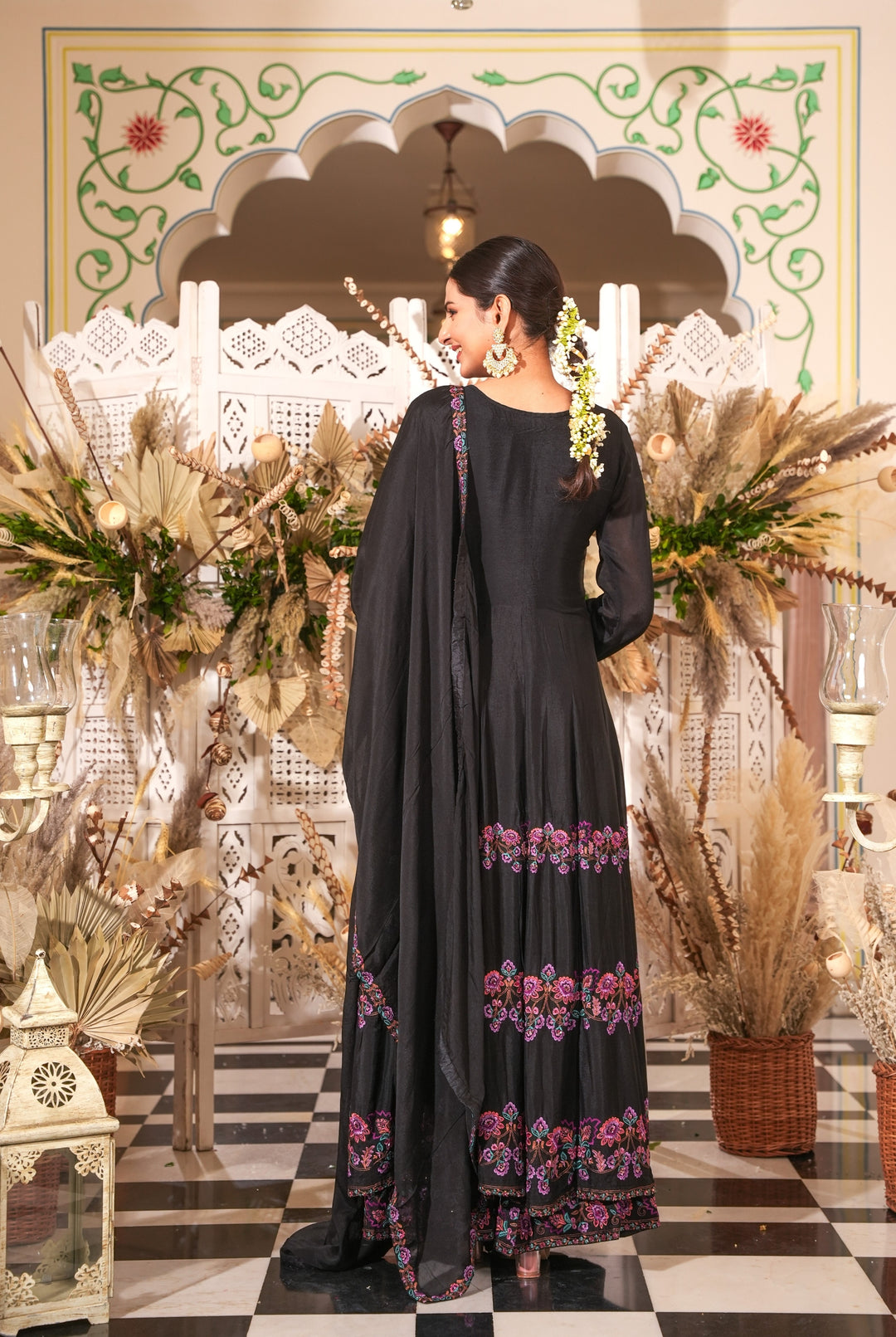 BLACK INDO-WESTERN FRONT SLIT GOWN FOR WOMEN- EMBROIDERED WITH RESHAM & HANDWORK - PAIRED WITH DUPATTA - SET OF 3