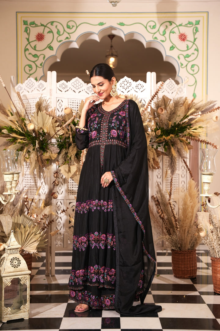 BLACK INDO-WESTERN FRONT SLIT GOWN FOR WOMEN- EMBROIDERED WITH RESHAM & HANDWORK - PAIRED WITH DUPATTA - SET OF 3