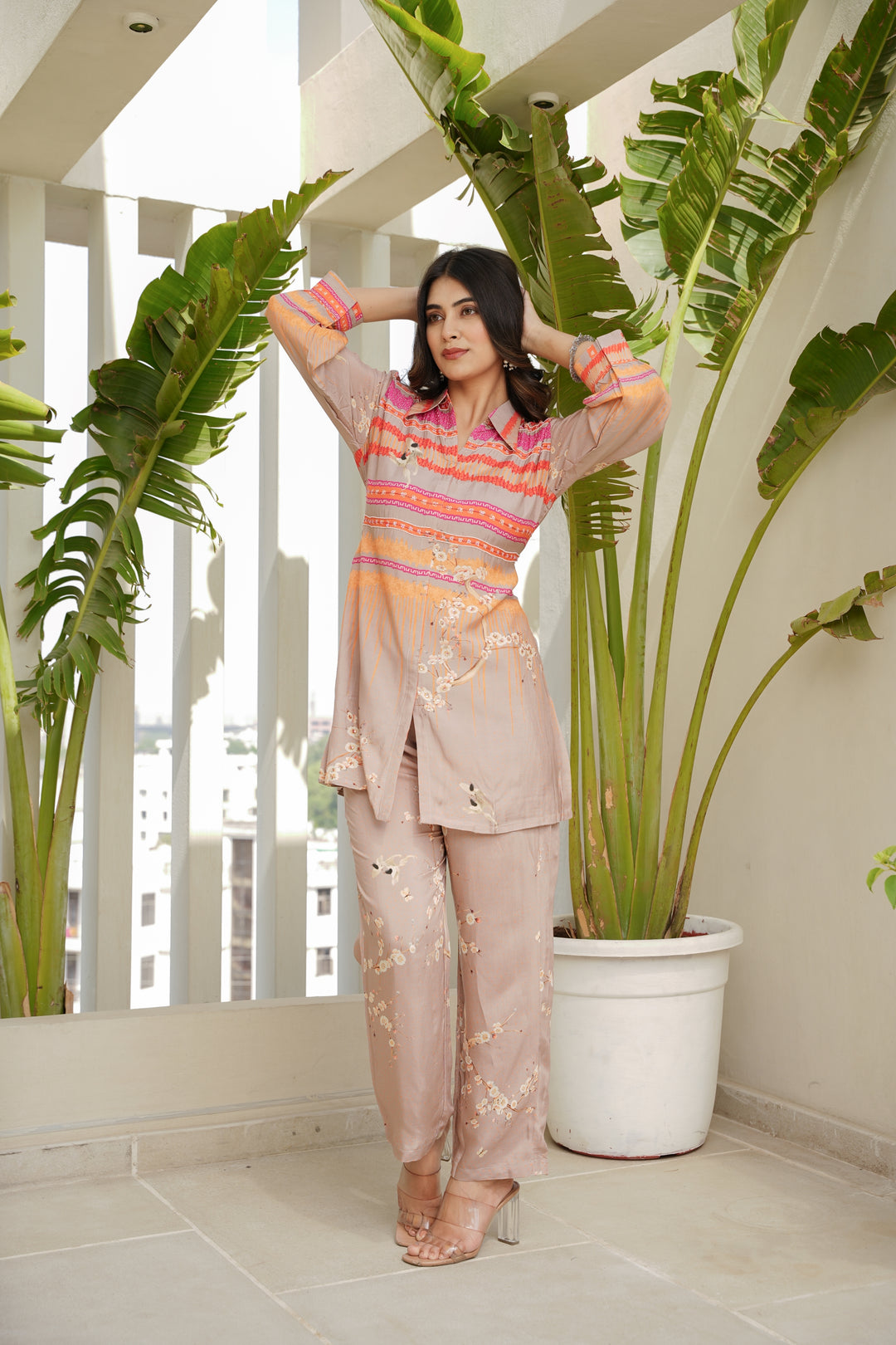 PRINTED MUSLIN CO-ORD SET - DETAILED HAND EMBROIDERY - TAN BROWN