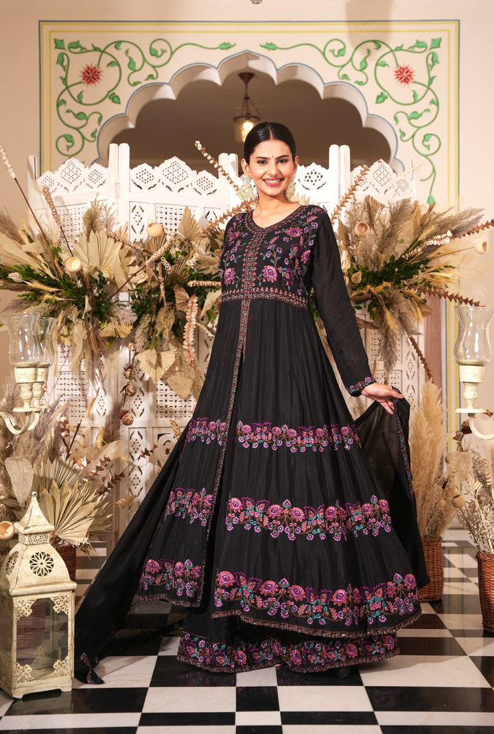 BLACK INDO-WESTERN FRONT SLIT GOWN FOR WOMEN- EMBROIDERED WITH RESHAM & HANDWORK - PAIRED WITH DUPATTA - SET OF 3