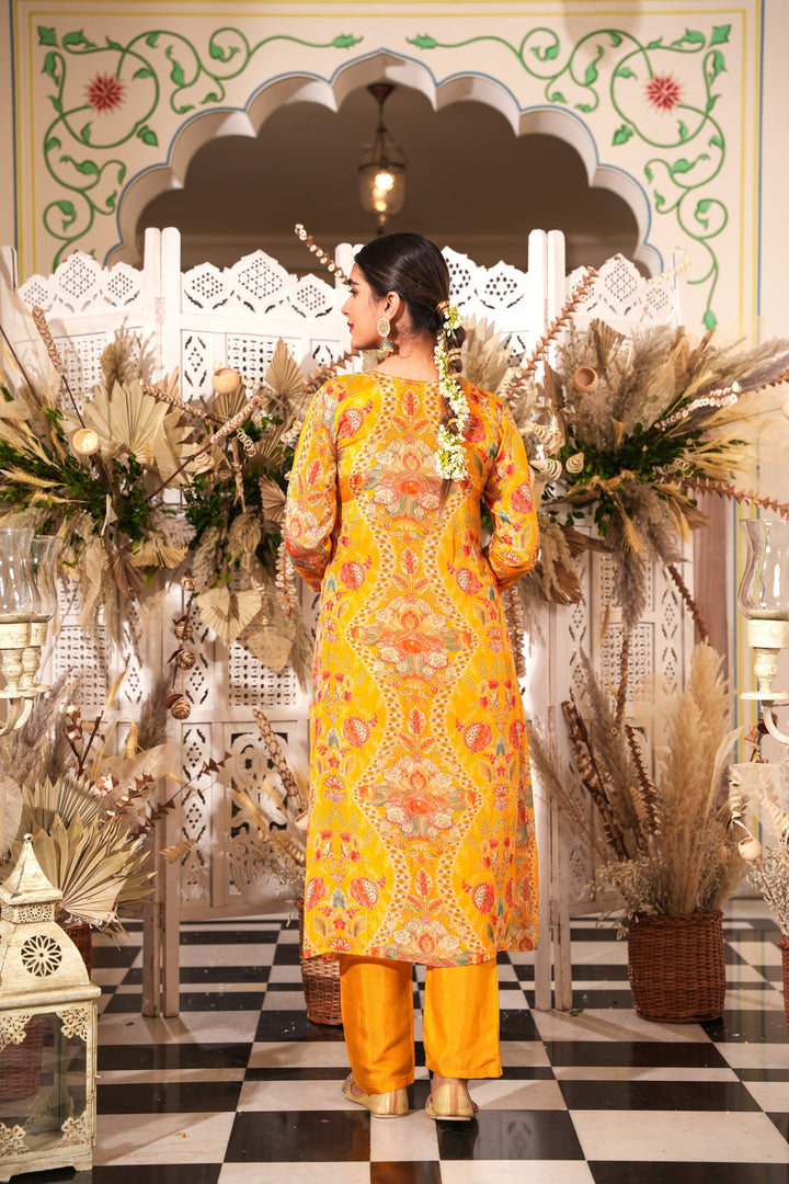 WOMEN'S FLORAL PRINTED - DABKA, PEARL & CUTDANA EMBROIDERED - STRAIGHT KURTA, PANT SET OF 2 - YELLOW