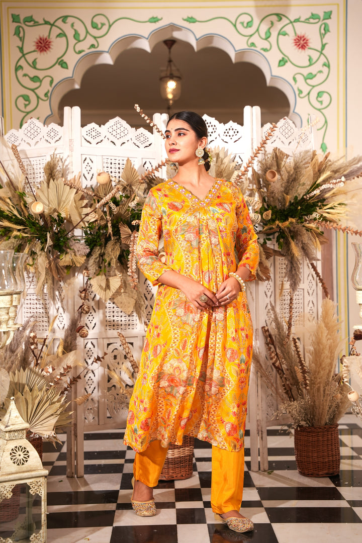 WOMEN'S FLORAL PRINTED - DABKA, PEARL & CUTDANA EMBROIDERED - STRAIGHT KURTA, PANT SET OF 2 - YELLOW