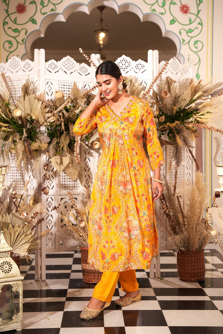 WOMEN'S FLORAL PRINTED - DABKA, PEARL & CUTDANA EMBROIDERED - STRAIGHT KURTA, PANT SET OF 2 - YELLOW