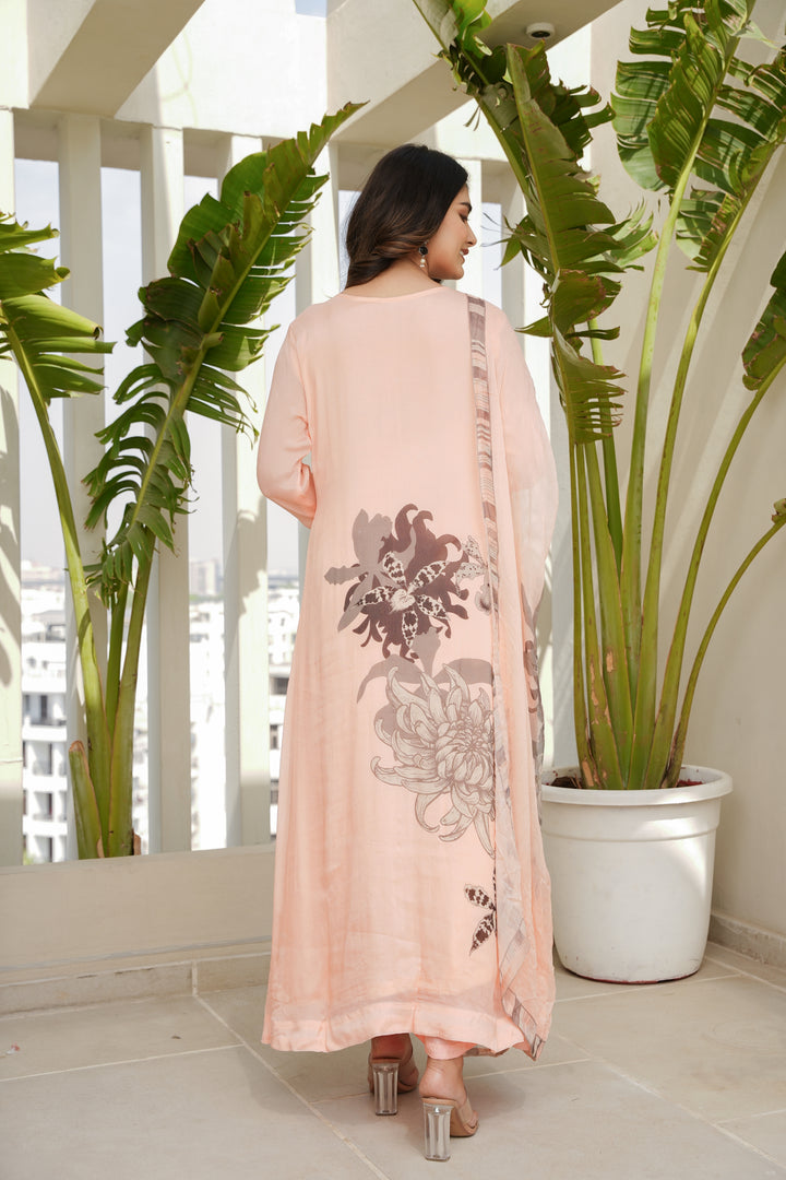 FLORAL PRINTED KURTA & PANT PAIRED WITH A DUPATTA - HAND EMBROIDERED - SET OF 3 - PEACH