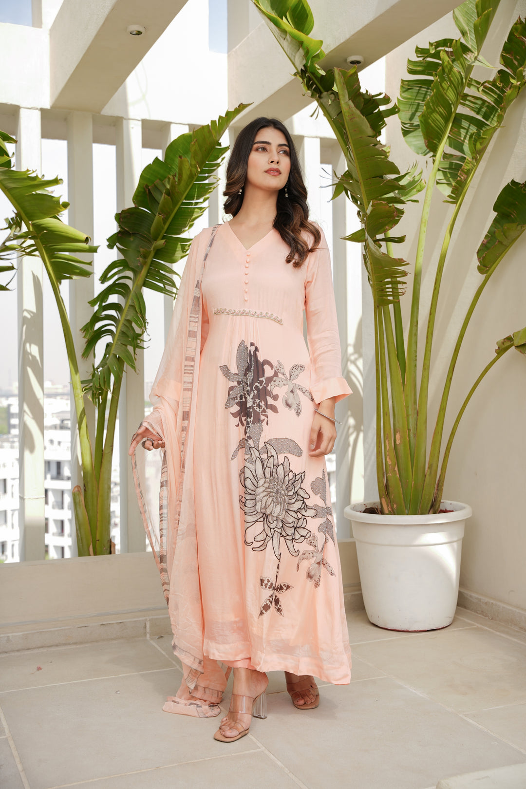 FLORAL PRINTED KURTA & PANT PAIRED WITH A DUPATTA - HAND EMBROIDERED - SET OF 3 - PEACH