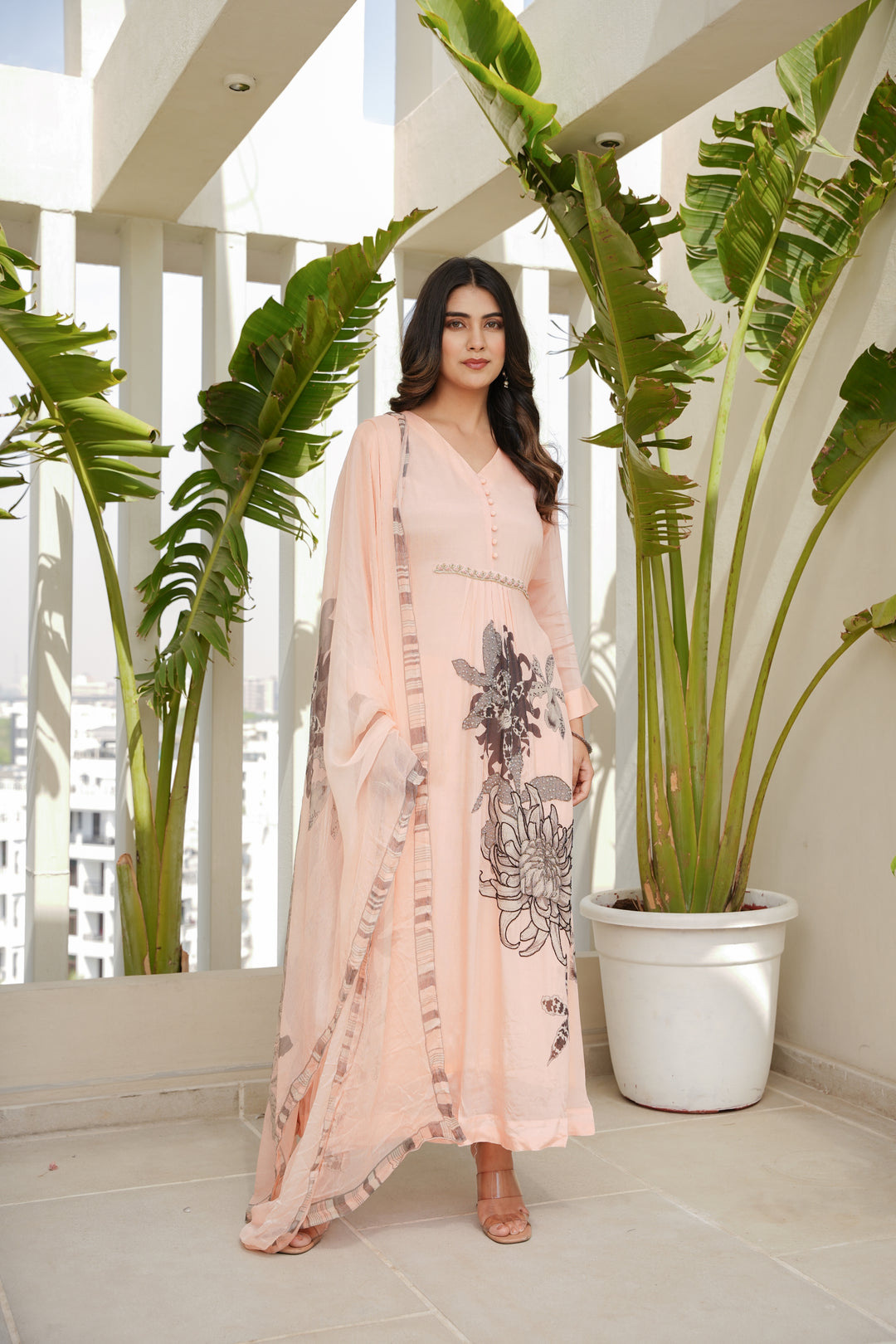 FLORAL PRINTED KURTA & PANT PAIRED WITH A DUPATTA - HAND EMBROIDERED - SET OF 3 - PEACH