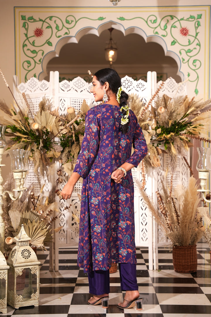 WOMEN'S FLORAL PRINTED - DABKA, SEQUIN & CUTDANA EMBROIDERED - STRAIGHT KURTA, PANT SET OF 2 - PURPLE