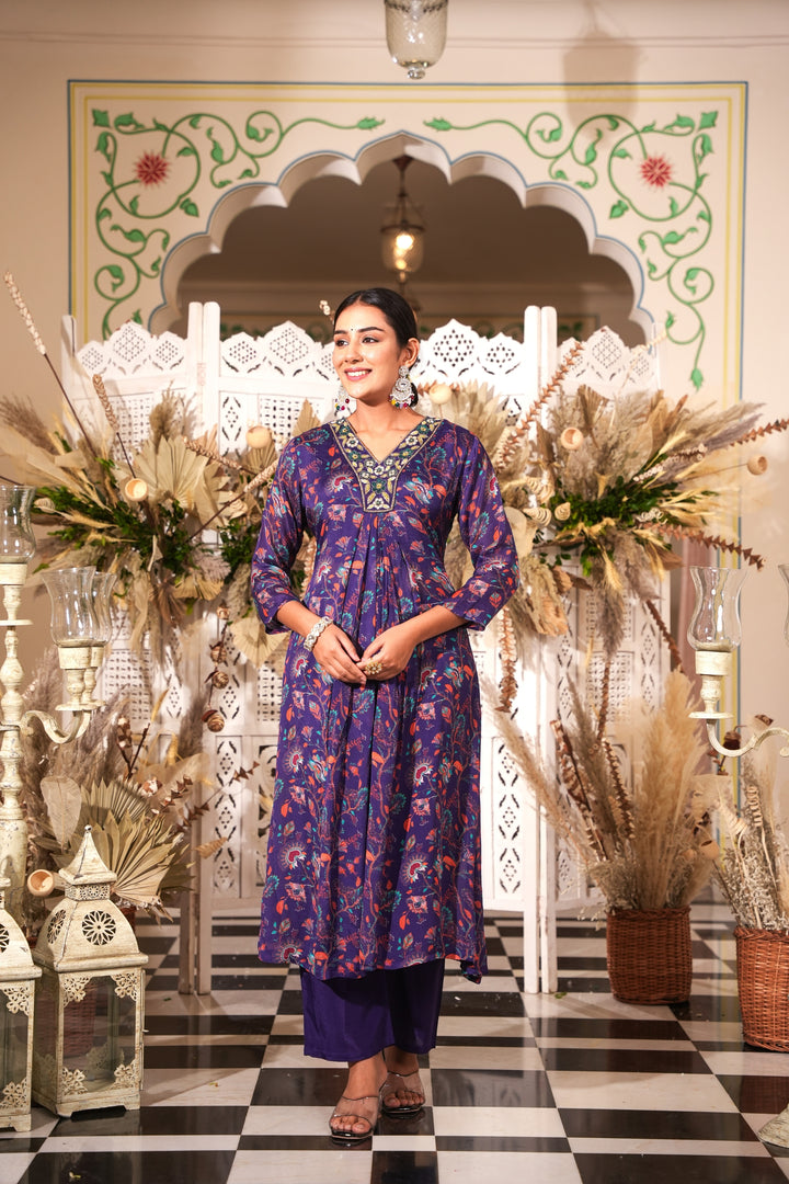 WOMEN'S FLORAL PRINTED - DABKA, SEQUIN & CUTDANA EMBROIDERED - STRAIGHT KURTA, PANT SET OF 2 - PURPLE