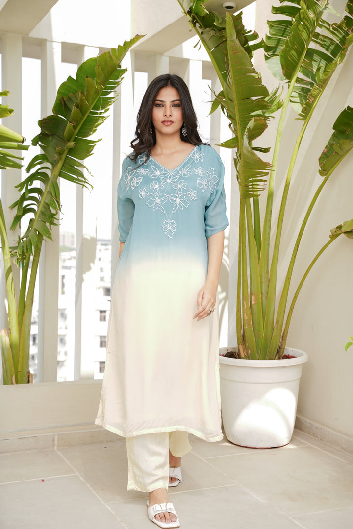 OMBRE DYED HANDWORK KURTA SET OF 2 - BLUE