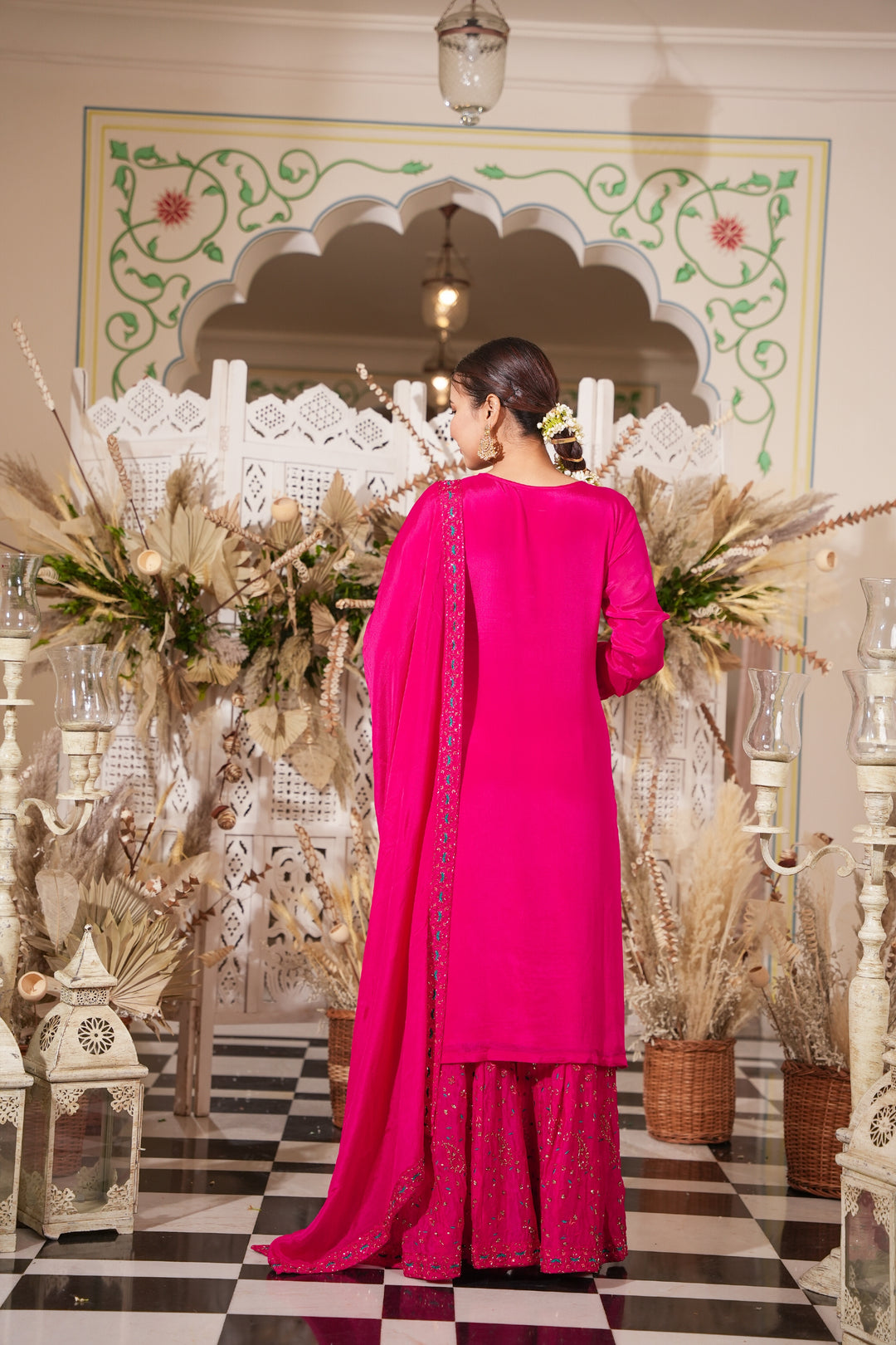 PINK SHARARA SET FOR WOMEN- PAIRED WITH DUPATTA - EMBROIDERED WITH RESHAM & HANDWORK - SET OF 3