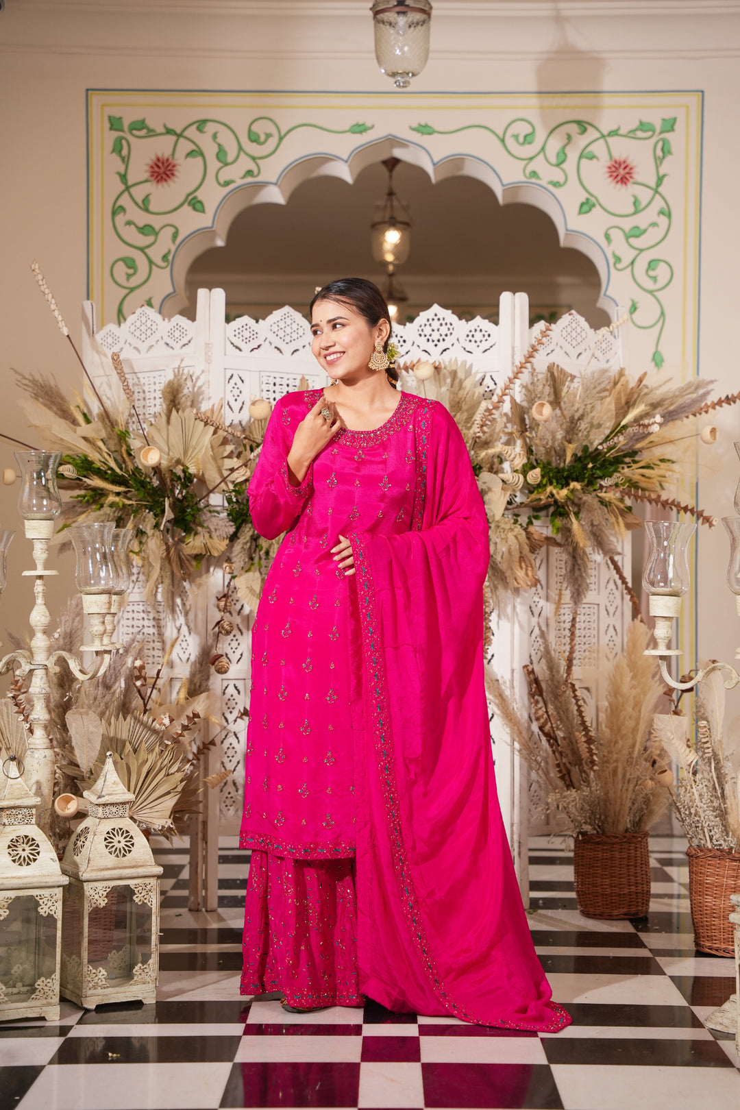 PINK SHARARA SET FOR WOMEN- PAIRED WITH DUPATTA - EMBROIDERED WITH RESHAM & HANDWORK - SET OF 3