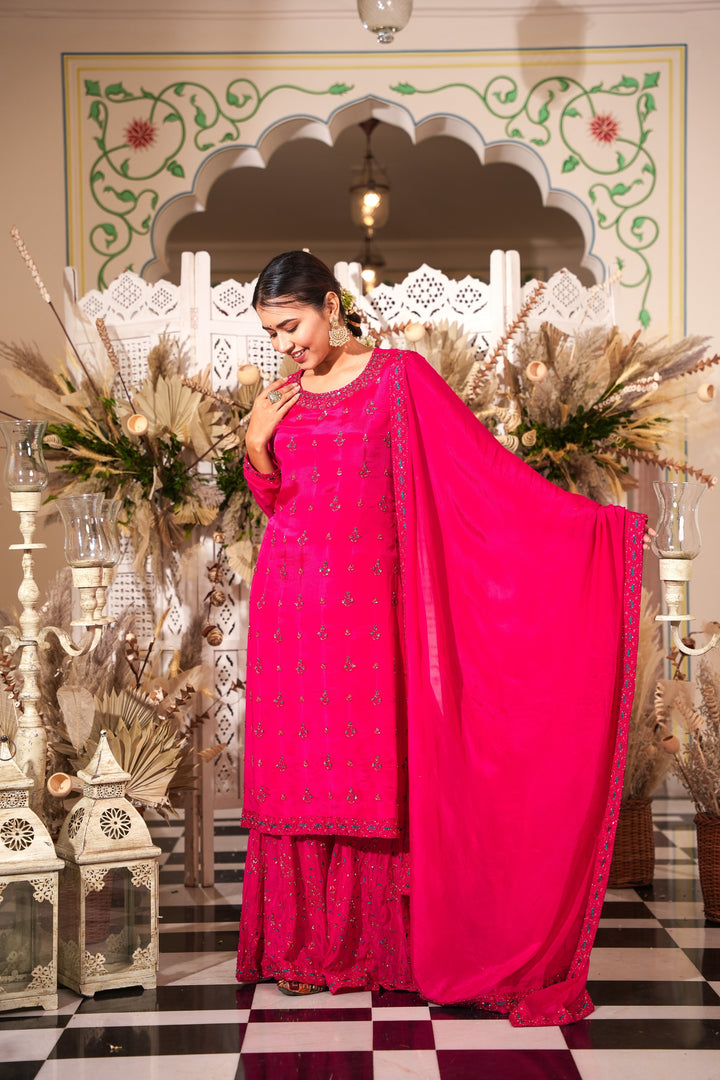 PINK SHARARA SET FOR WOMEN- PAIRED WITH DUPATTA - EMBROIDERED WITH RESHAM & HANDWORK - SET OF 3