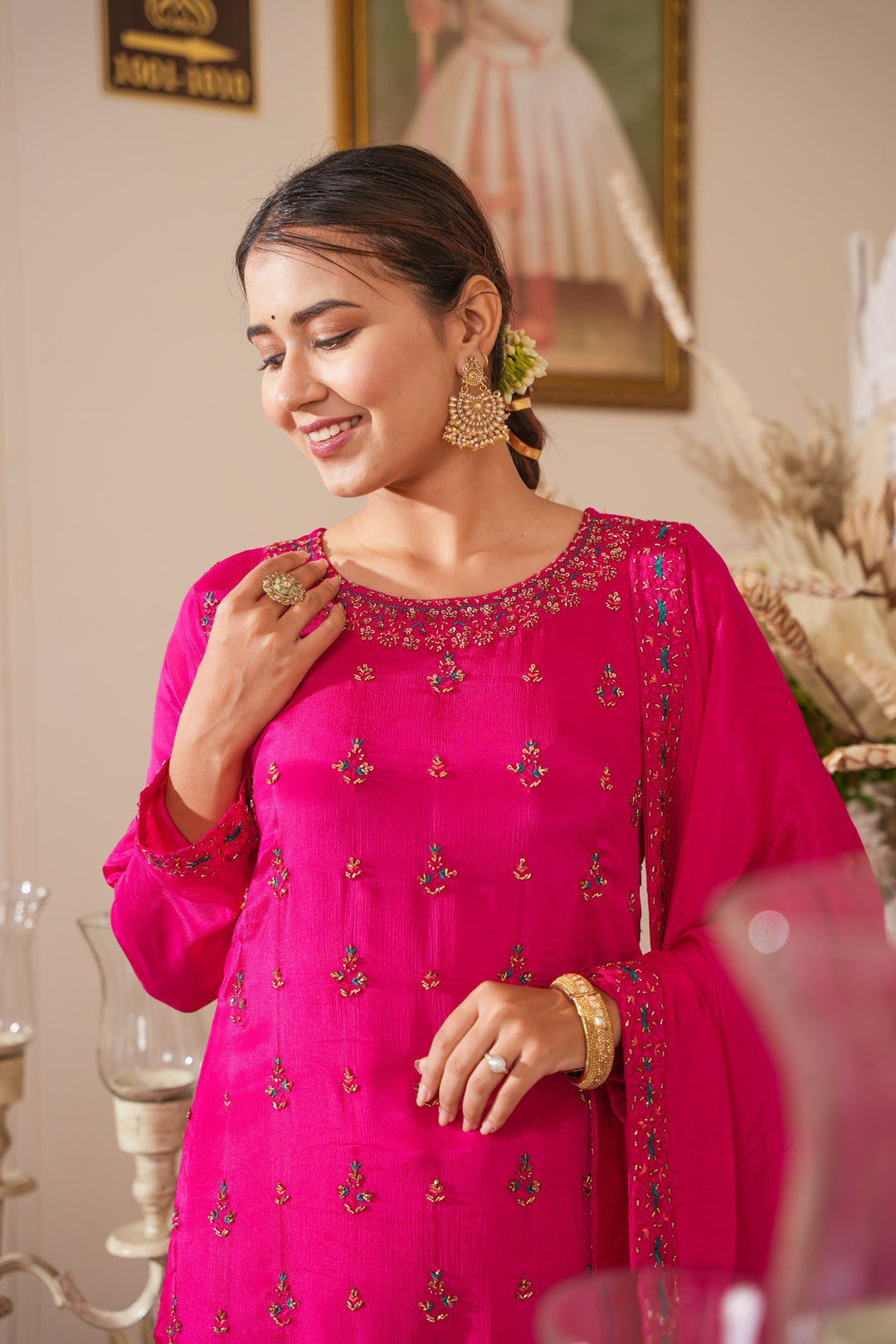 PINK SHARARA SET FOR WOMEN- PAIRED WITH DUPATTA - EMBROIDERED WITH RESHAM & HANDWORK - SET OF 3