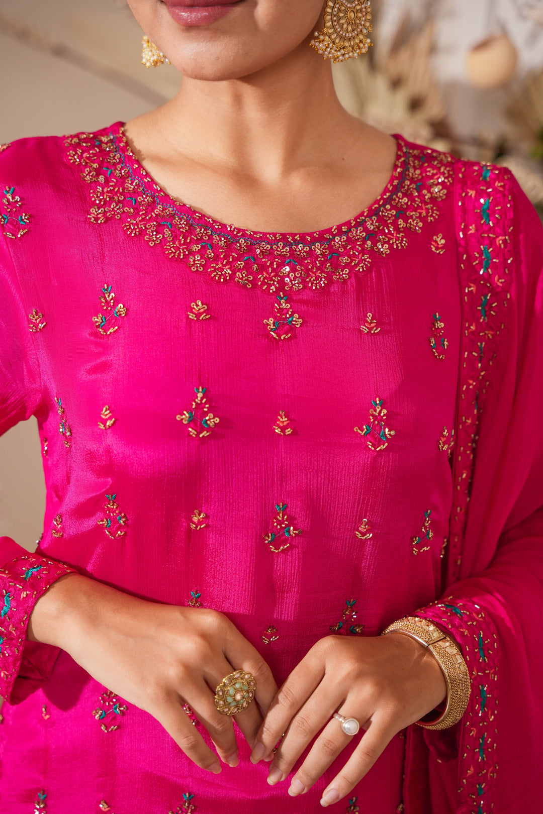 PINK SHARARA SET FOR WOMEN- PAIRED WITH DUPATTA - EMBROIDERED WITH RESHAM & HANDWORK - SET OF 3